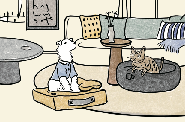 A playful illustration of a home shared with pets